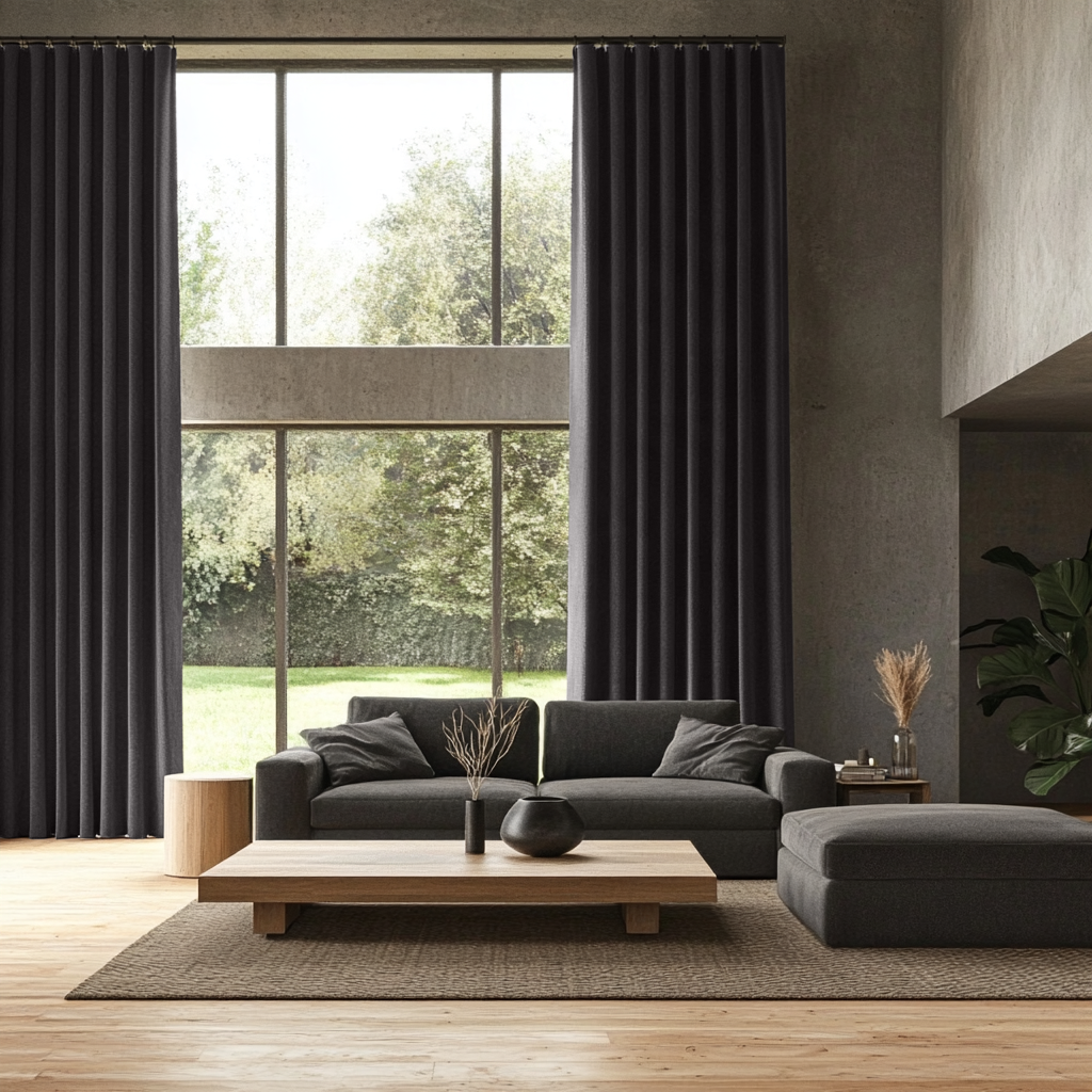 Charcoal Grey Linen S-Fold Extra Long Curtains in a Contemporary Living Room with Floor-to-Ceiling Windows