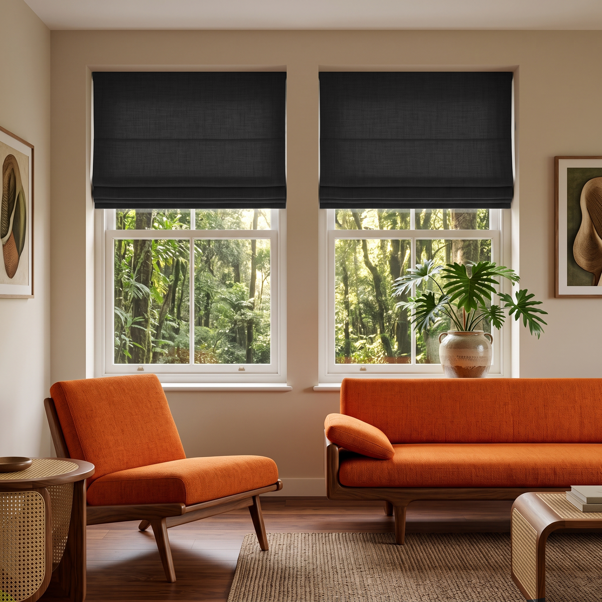 Charcoal Cordless Linen Roman Blinds in a Mid-Century Living Room with Beige Walls and Orange Sofas
