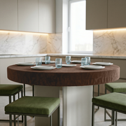 Chocolate Brown Fitted Velvet Round Tablecloth in a Modern Kitchen Dining Space with White Cabinetry and Olive Green Chairs