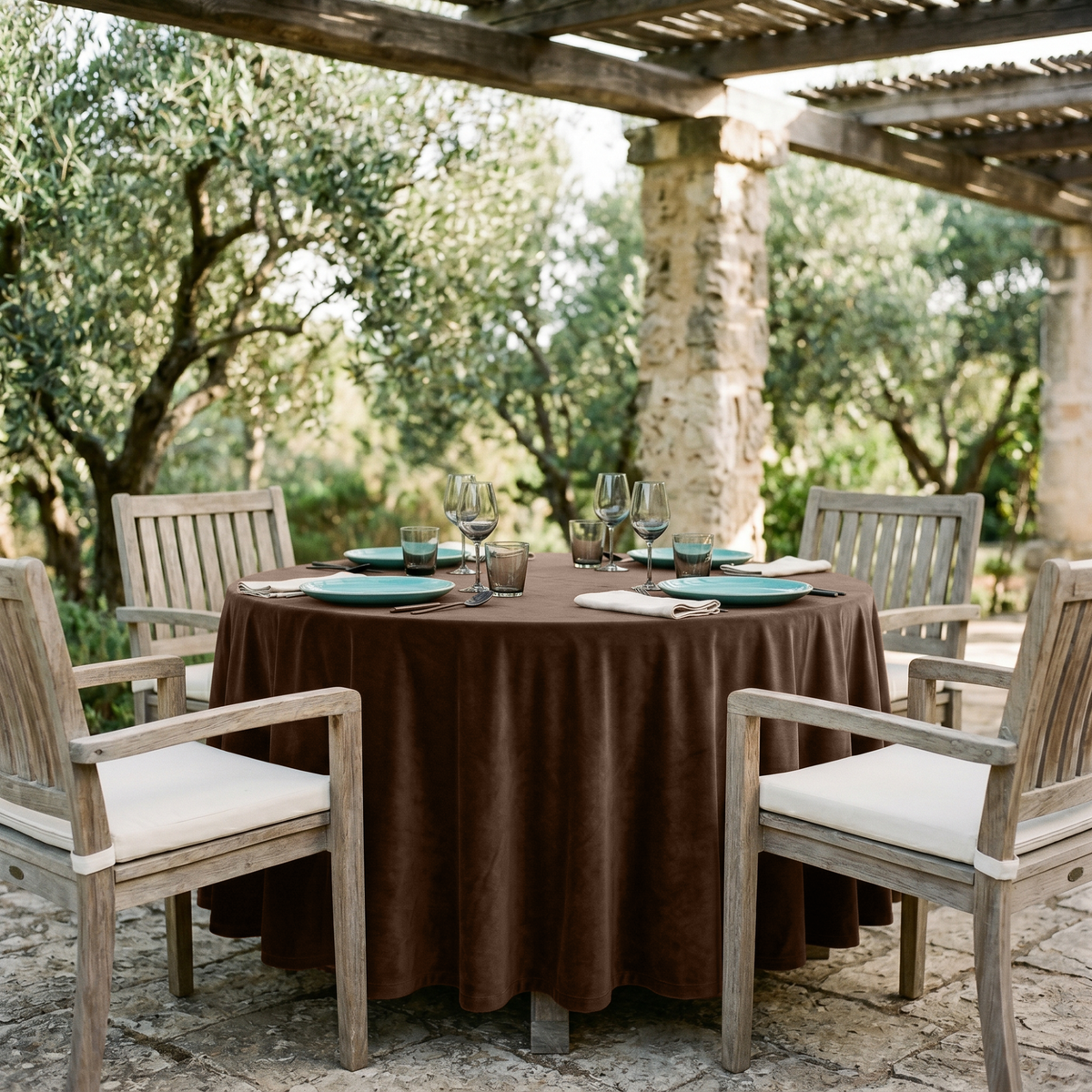 Chocolate Brown Small Velvet Round Tablecloth in an Outdoor Patio Dining Space with Weathered Wood