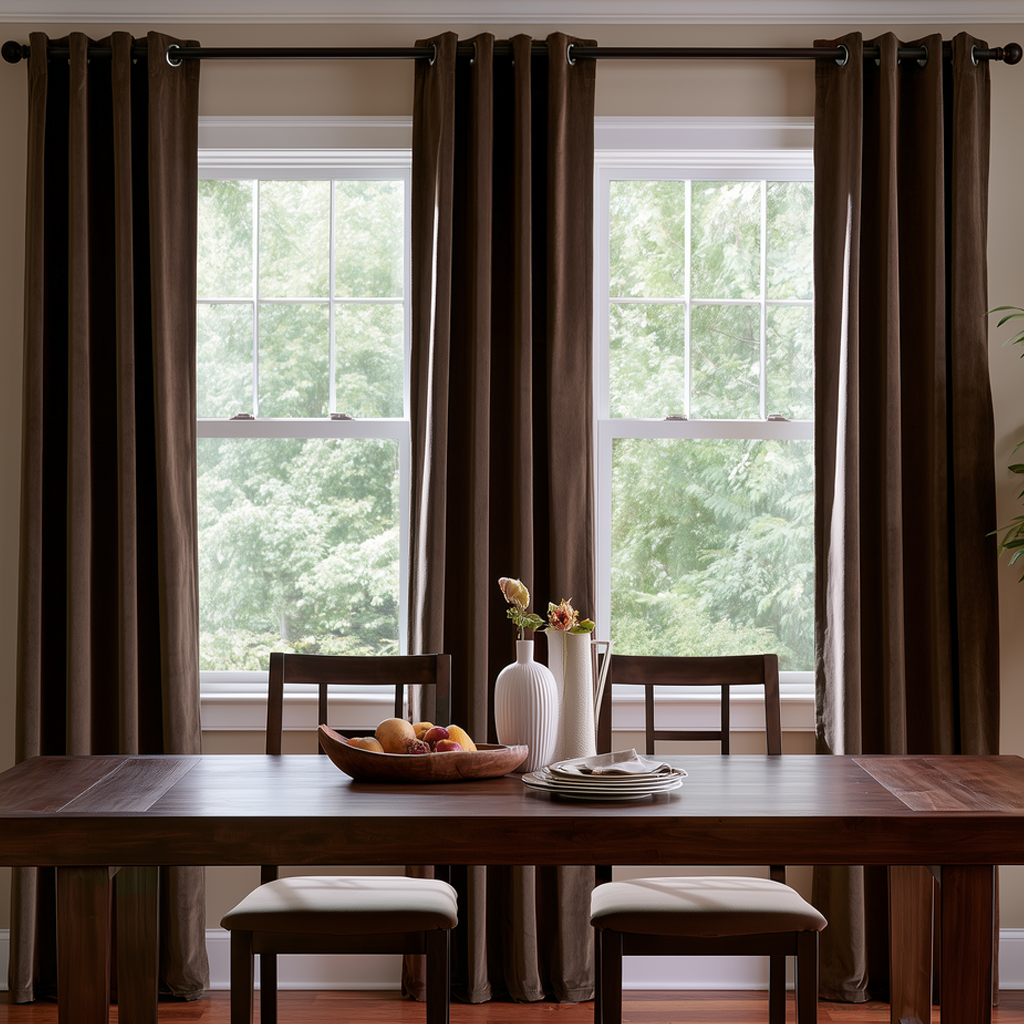 Warm dining room with chocolate brown grommet curtains, dark wooden furniture, and natural light.