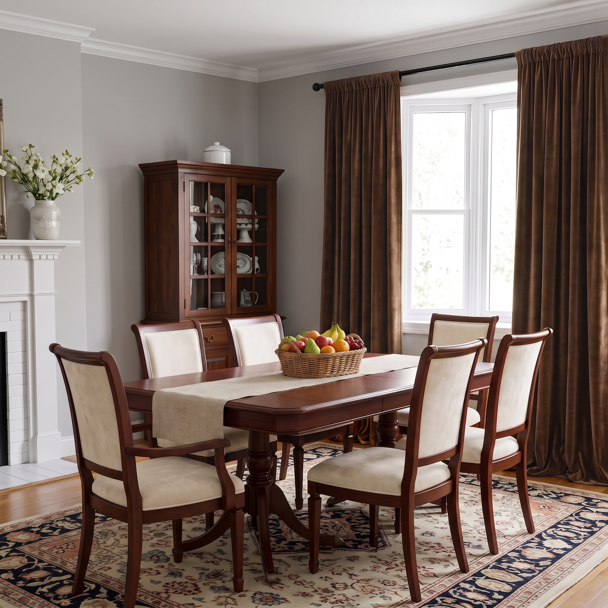 Classic dining room with chocolate brown rod-pocket curtains, rich wooden furniture, and elegant décor.