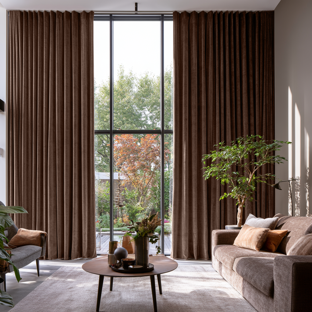 Chocolate Brown Velvet S-Fold Extra Long Curtains in a Modern Double-Height Living Room with Floor-to-Ceiling Windows and Garden View