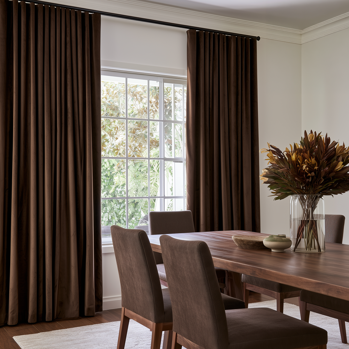 Modern dining room with chocolate brown S-fold curtains, dark wooden furniture, and warm natural tones.