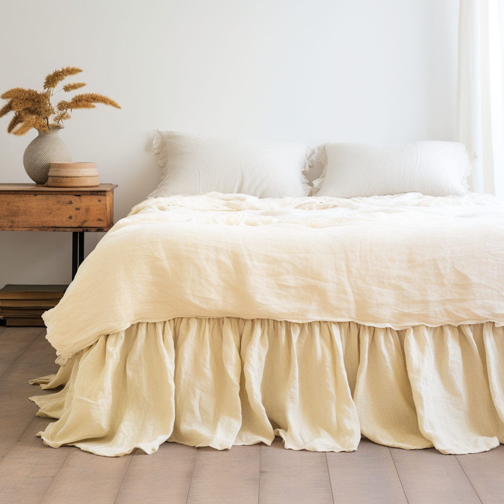 Cream Linen Bed Skirt with Gathered Ruffles