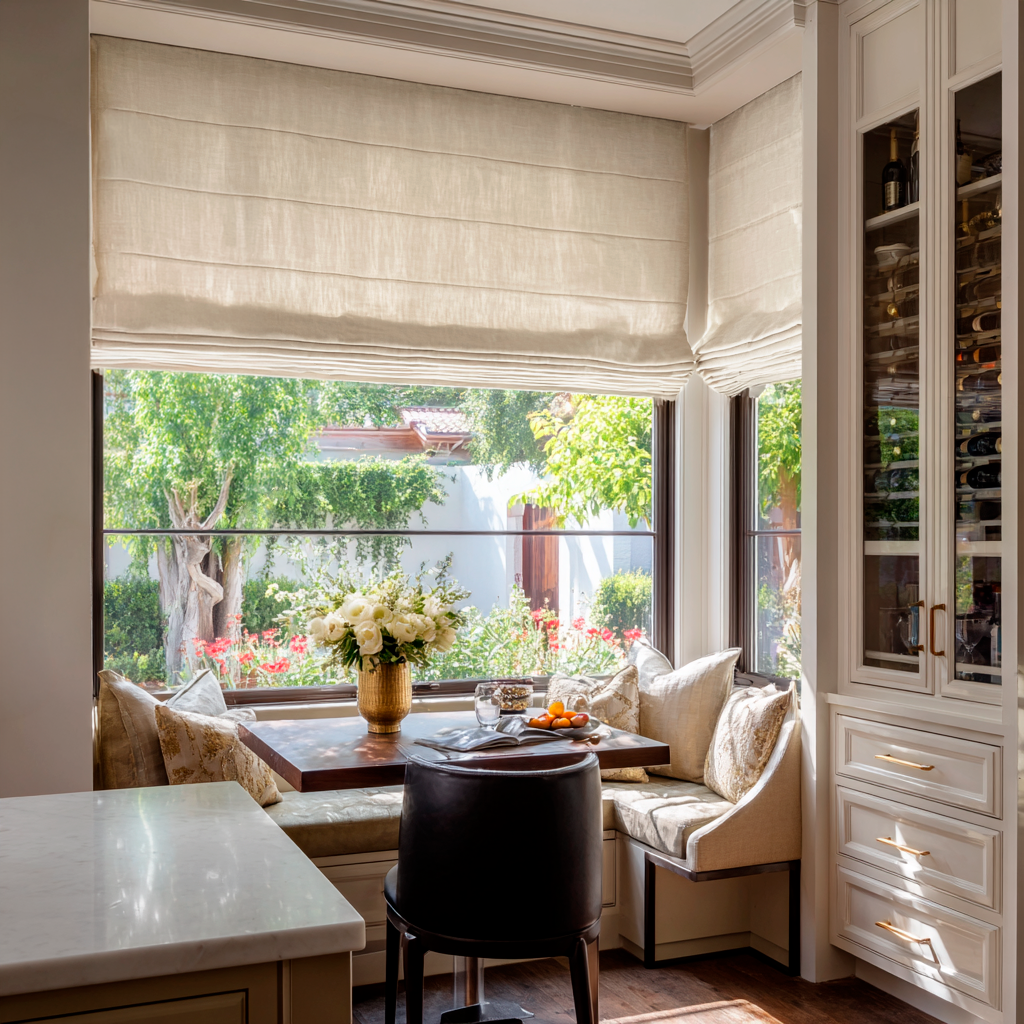 Cream Linen Kitchen Roman Blinds in a Bright Breakfast Nook with Cream Cabinetry - Blackout Lining