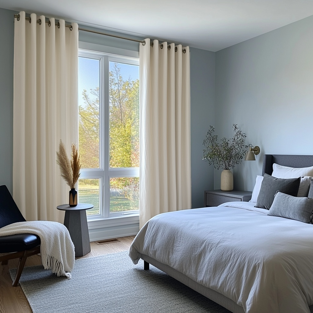 Cream Linen Eyelet Curtains in a Soft Blue Bedroom With White Bedding and a Large Window - Blackout Lining