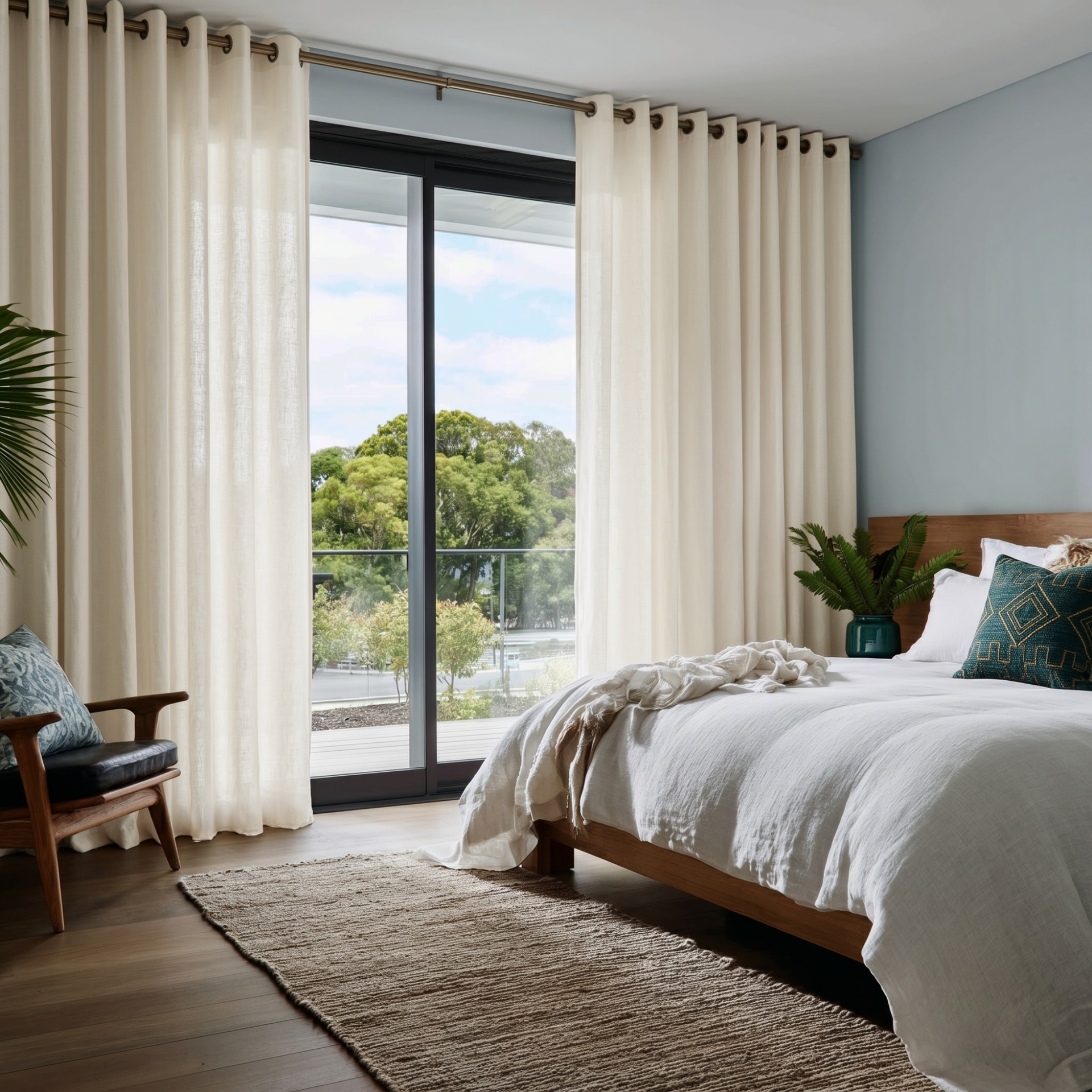 Cream Linen Eyelet Curtains in an Airy Blue Bedroom With White Bedding - Cotton Lining