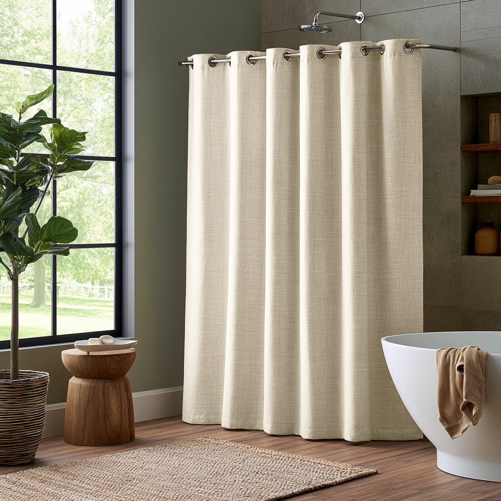 Cream Linen Hookless Weighted Shower Curtain in a Modern Bathroom with Large Windows