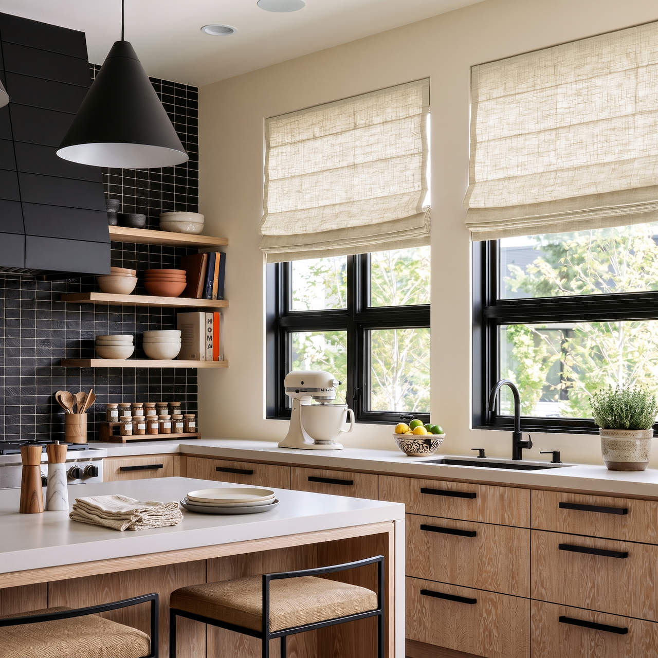 Cream Linen Kitchen Roman Blinds in a Modern Kitchen with BBlack Tile Backsplash and Natural Wood Cabinets - Cotton Lining