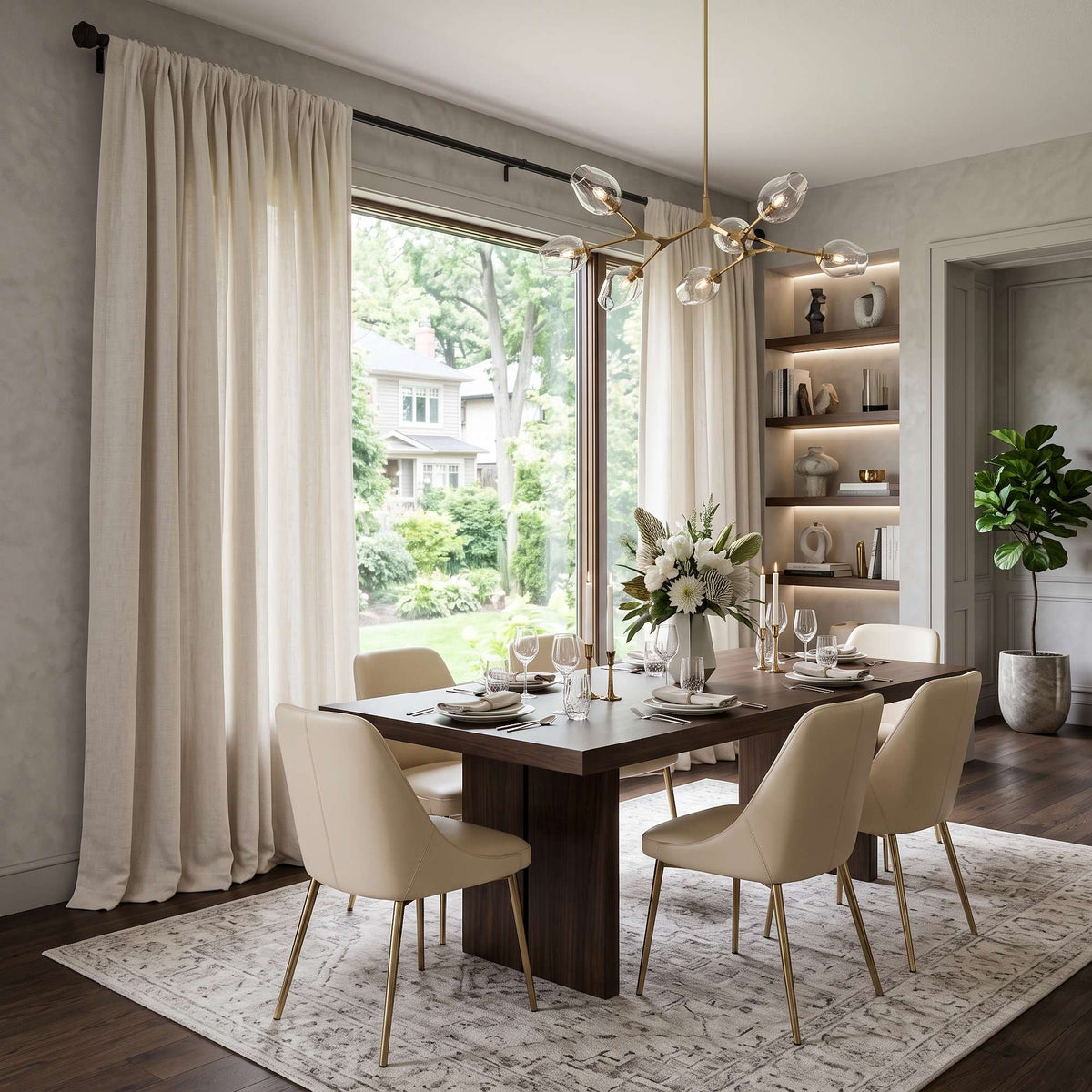 Cream Linen Rod Pocket Dining Room Curtain in an Elegant Dining Room with Textured Grey Walls and a Dark Wood Table Accompanied by Cream Leather Chairs - Cotton Lining