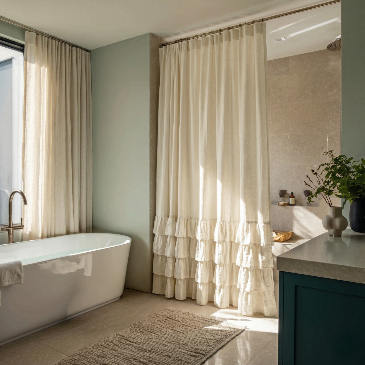 Cream Linen Ruffled Shower Curtain