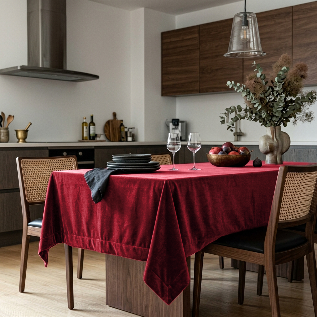 Dark Deep Red Rectangular Velvet Tablecloth in a Contemporary Kitchen with Walnut Cabinetry and Cane Dining Chairs