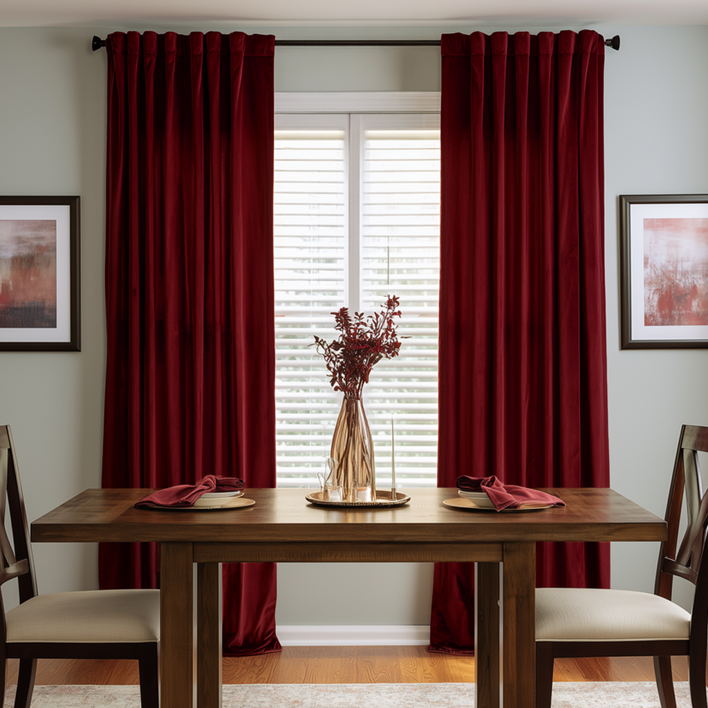 A stylish dining room with rich burgundy curtains, a dark wooden table, upholstered chairs, coordinated red napkins, and a tall decorative vase with dried branches