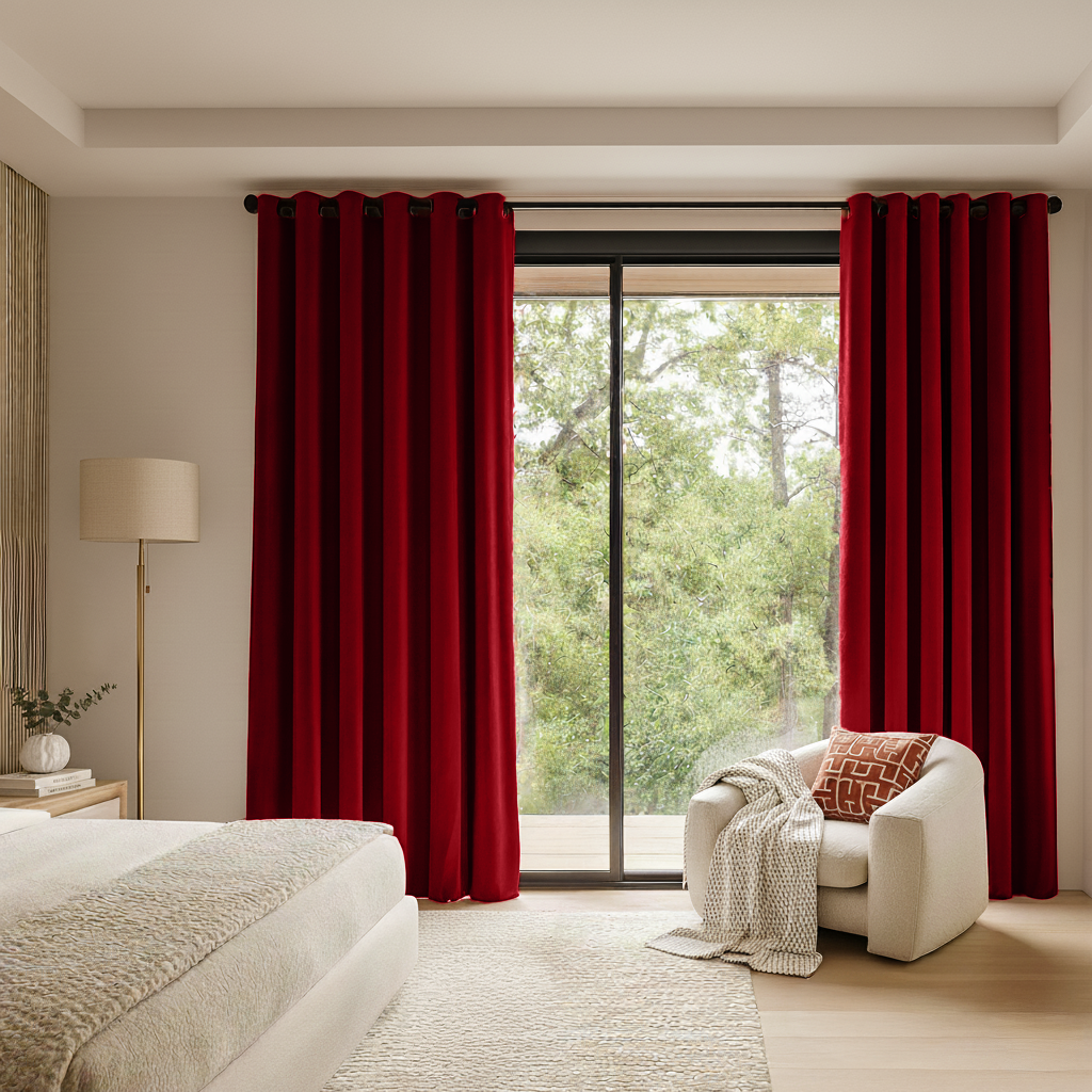 Dark Deep Red Velvet Eyelet Blackout Curtains in a Bedroom with Beige Walls