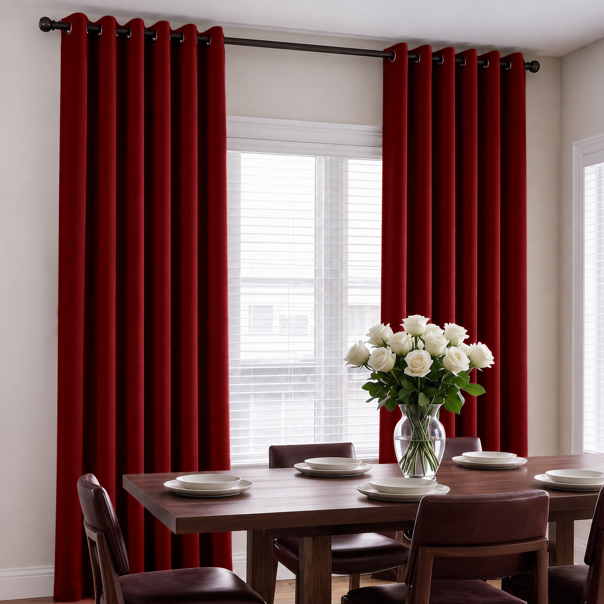 A warm dining room with rich red curtains, a dark wooden table, leather chairs, simple white tableware, and a glass vase filled with white roses