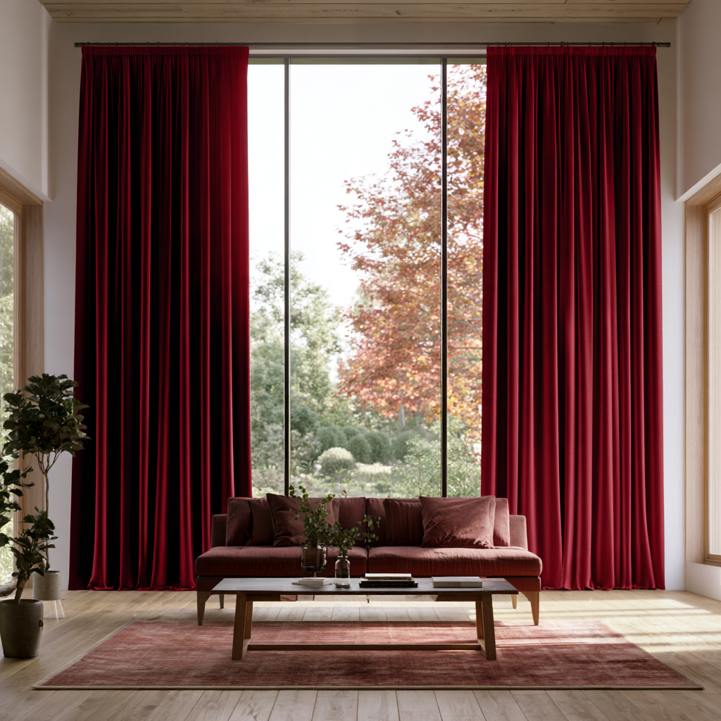 Dark Deep Red Velvet Pencil Pleat Extra Long Curtains in a Bright Contemporary Living Room with Floor-to-Ceiling Windows and Garden View