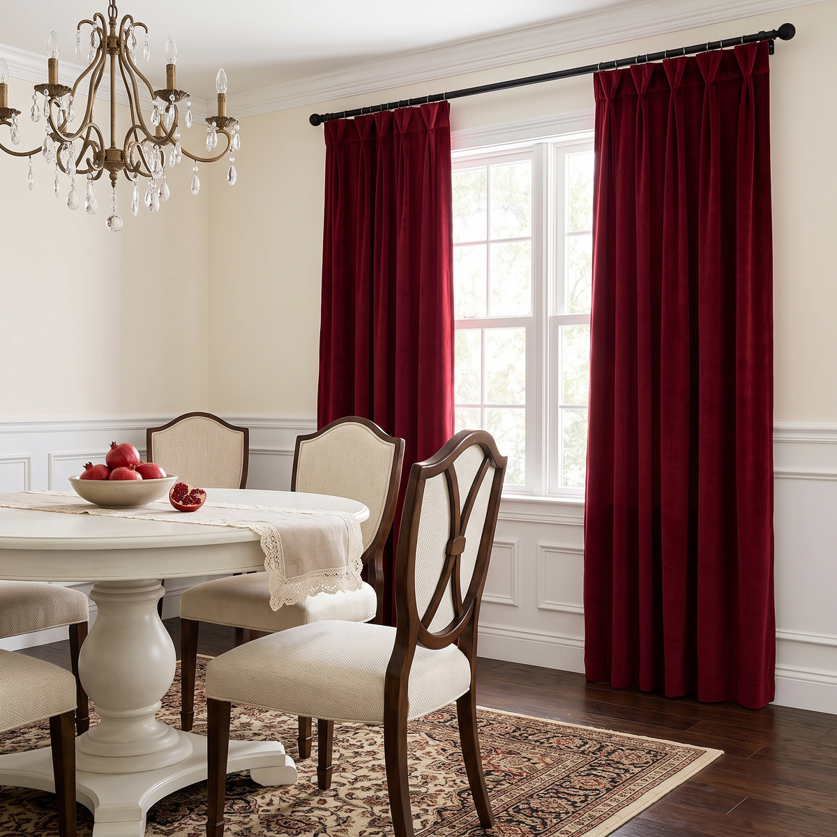 An elegant traditional dining room with deep burgundy curtains, a round white pedestal table, upholstered classic chairs, a crystal chandelier, and a decorative bowl of pomegranates