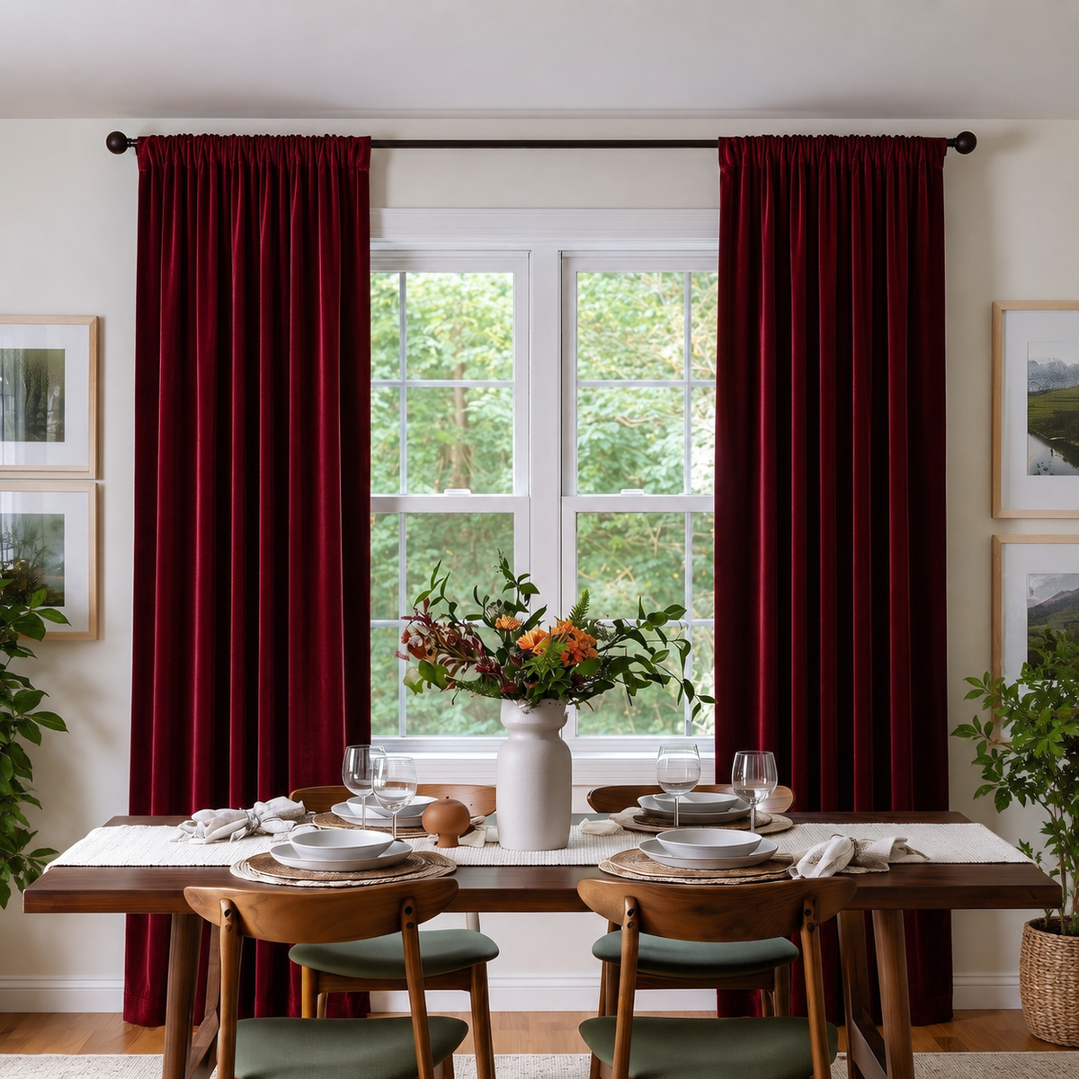 A welcoming dining room with deep burgundy curtains, a wooden table, classic chairs, elegant place settings, and a tall white vase filled with colorful seasonal foliage
