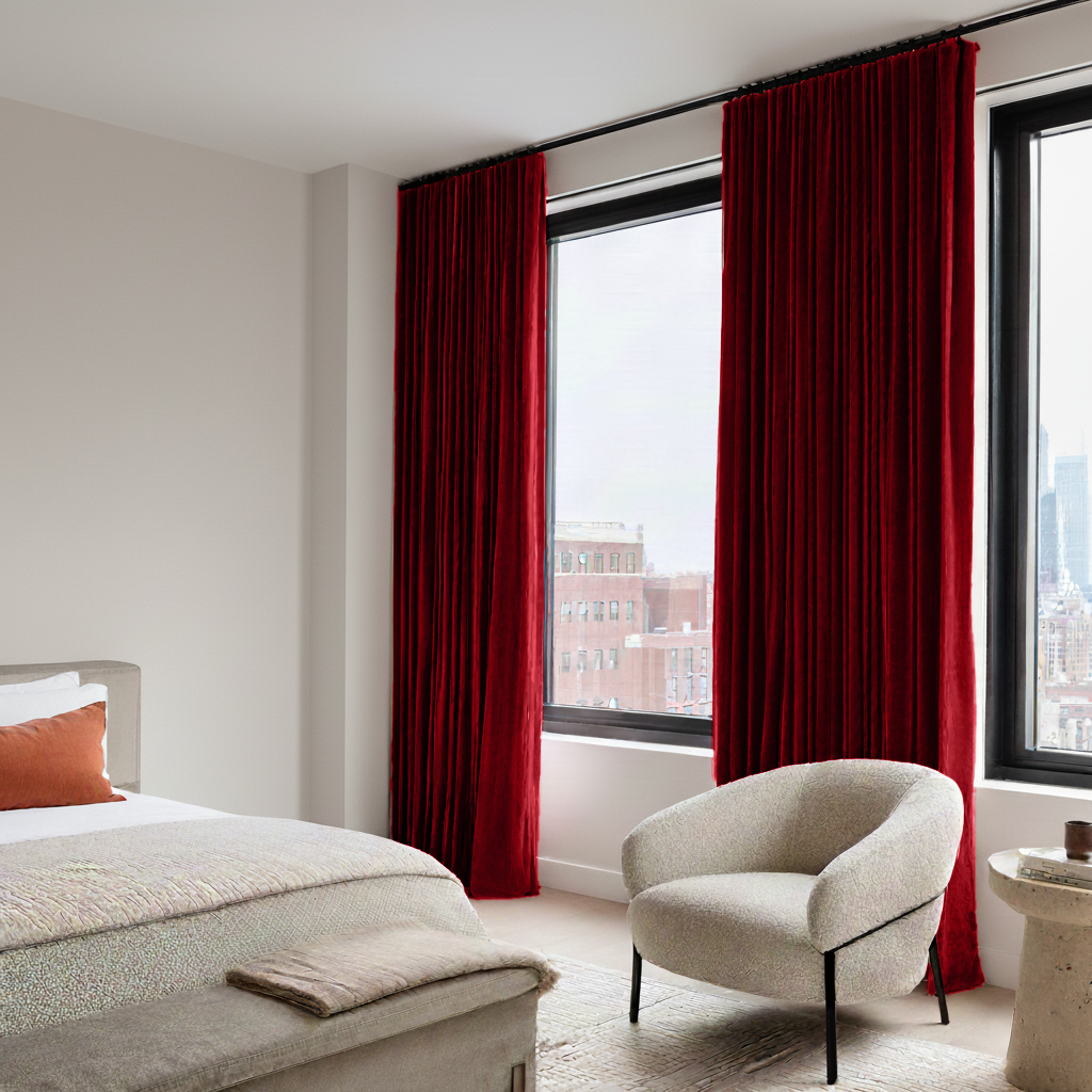 Dark Deep Red Velvet S-Fold Blackout Curtains in a Bedroom with Grey Walls