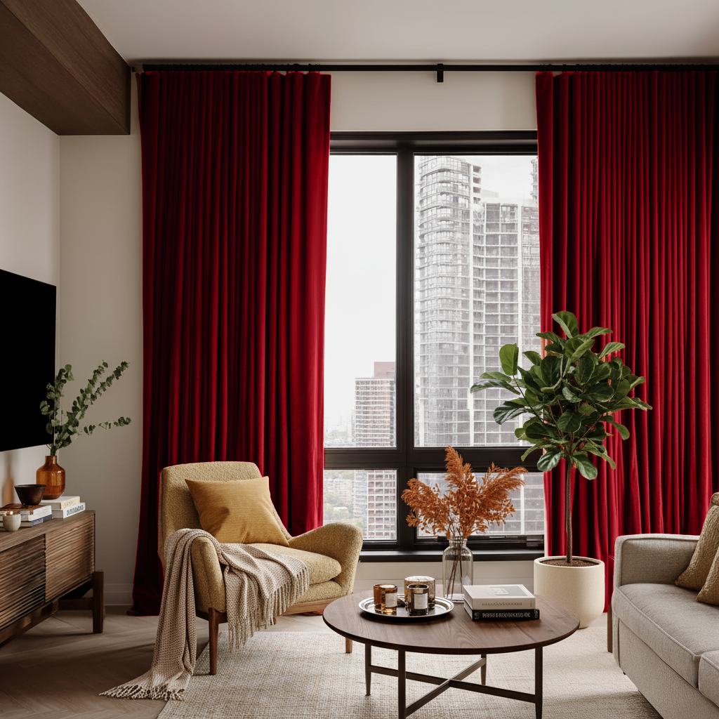 Dark Deep Red Velvet S-Fold Blackout Curtains in a Living Room with Off-White Walls