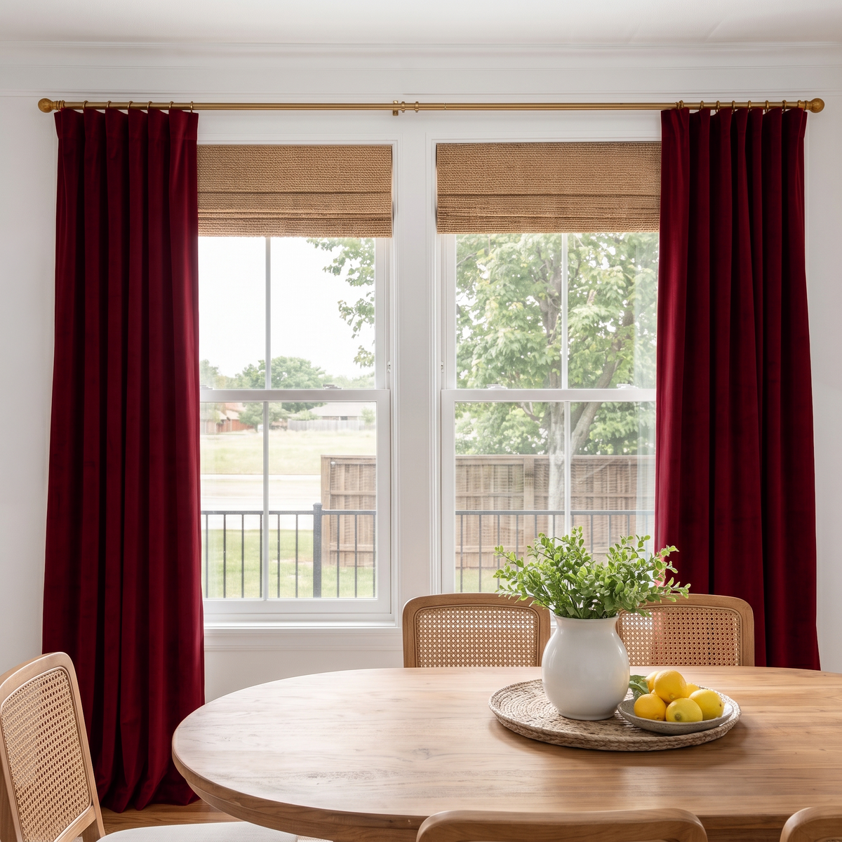 A bright dining room with rich burgundy curtains, woven Roman shades, an oval wooden table, cane-back chairs, and a simple centerpiece with greenery and fresh lemons