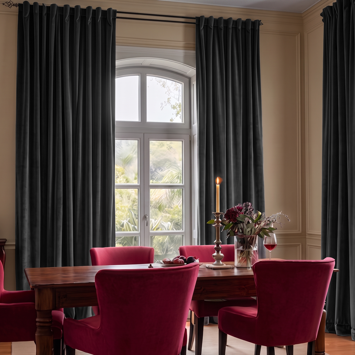 A dramatic dining room with charcoal-black curtains, a dark wooden table, rich burgundy velvet chairs, candlelight, red wine, and a moody floral arrangement