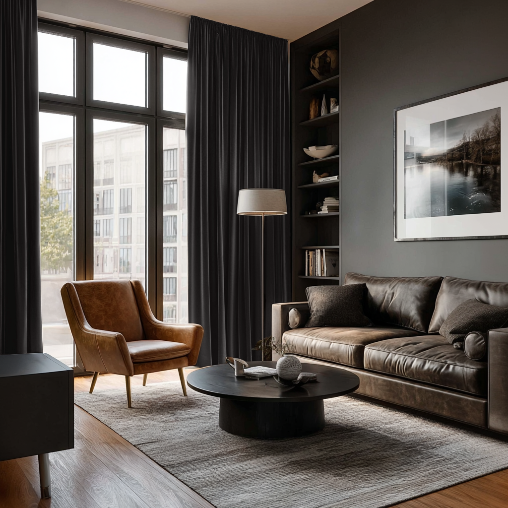 Dark Grey Velvet Rod Pocket Curtains in a Moody Contemporary Living Room with Charcoal Walls