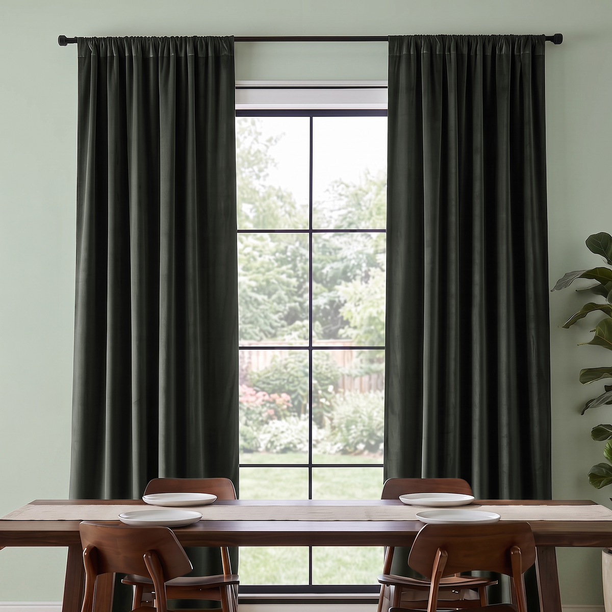 A minimalist dining room with floor-length charcoal curtains, a large black-framed window overlooking a garden, a long wooden table, and warm brown chairs