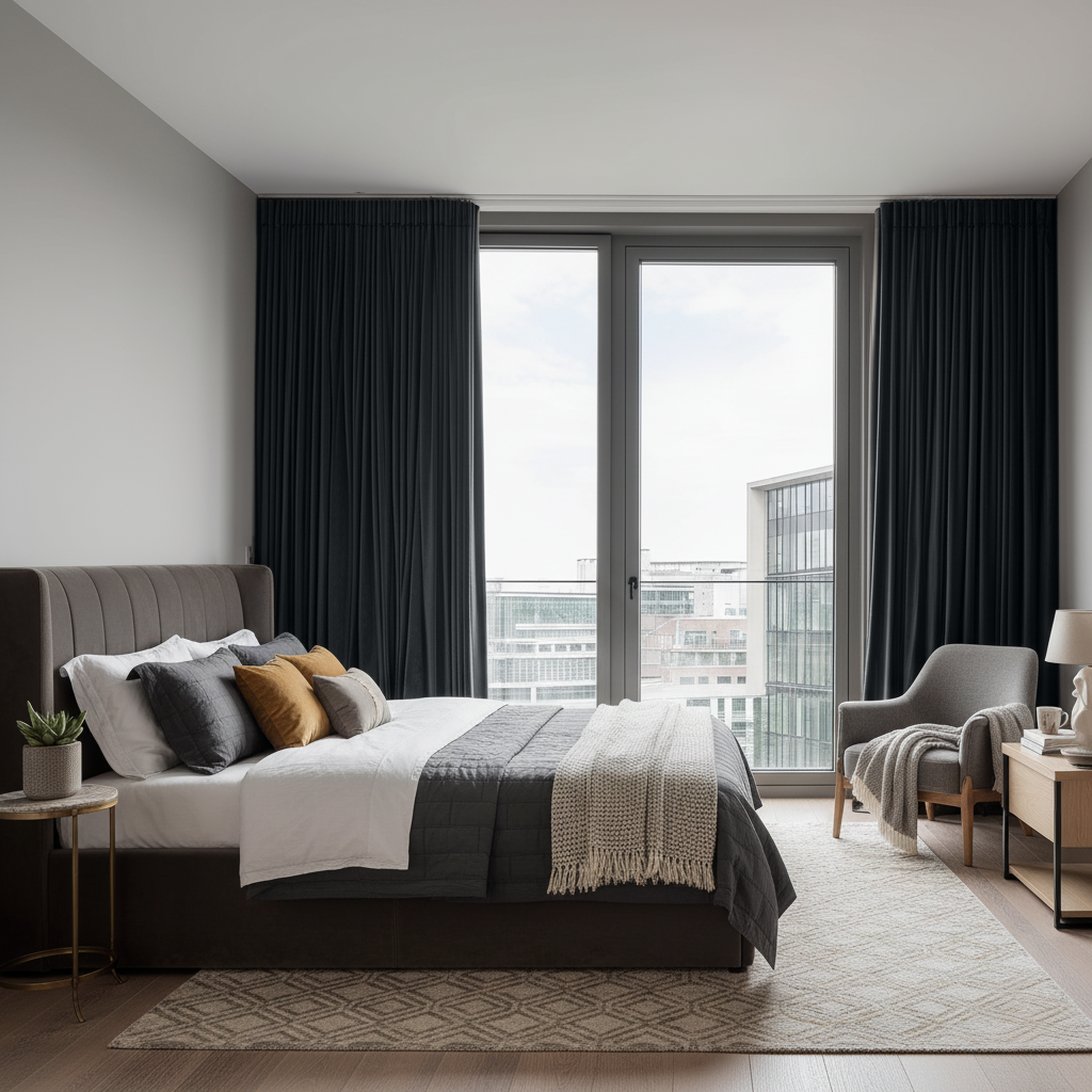 Dark Grey Velvet S-Fold Blackout Curtains in a Bedroom with Light Grey Walls