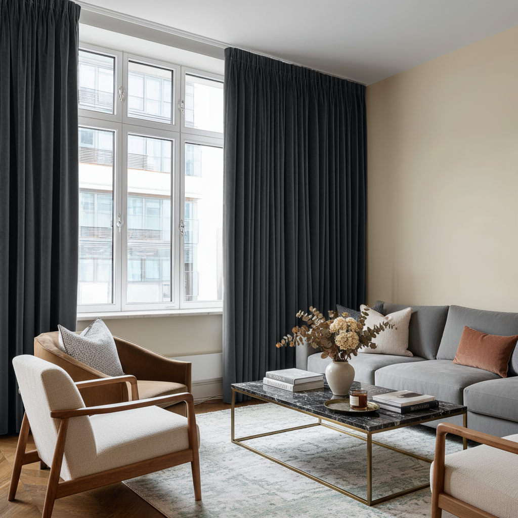 Dark Grey Velvet S-Fold Blackout Curtains in a Living Room with Warm Cream Walls