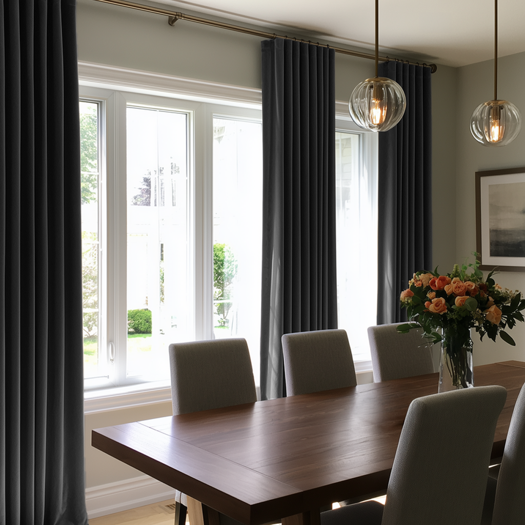 A contemporary dining room with dark charcoal curtains, a large wooden table, gray upholstered chairs, glass pendant lights, and a vibrant bouquet of orange roses