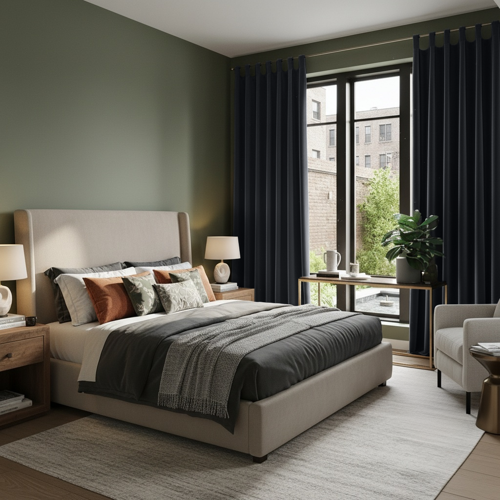 Dark Grey Velvet Tab Top Blackout Curtains in a Bedroom with Olive Green Walls