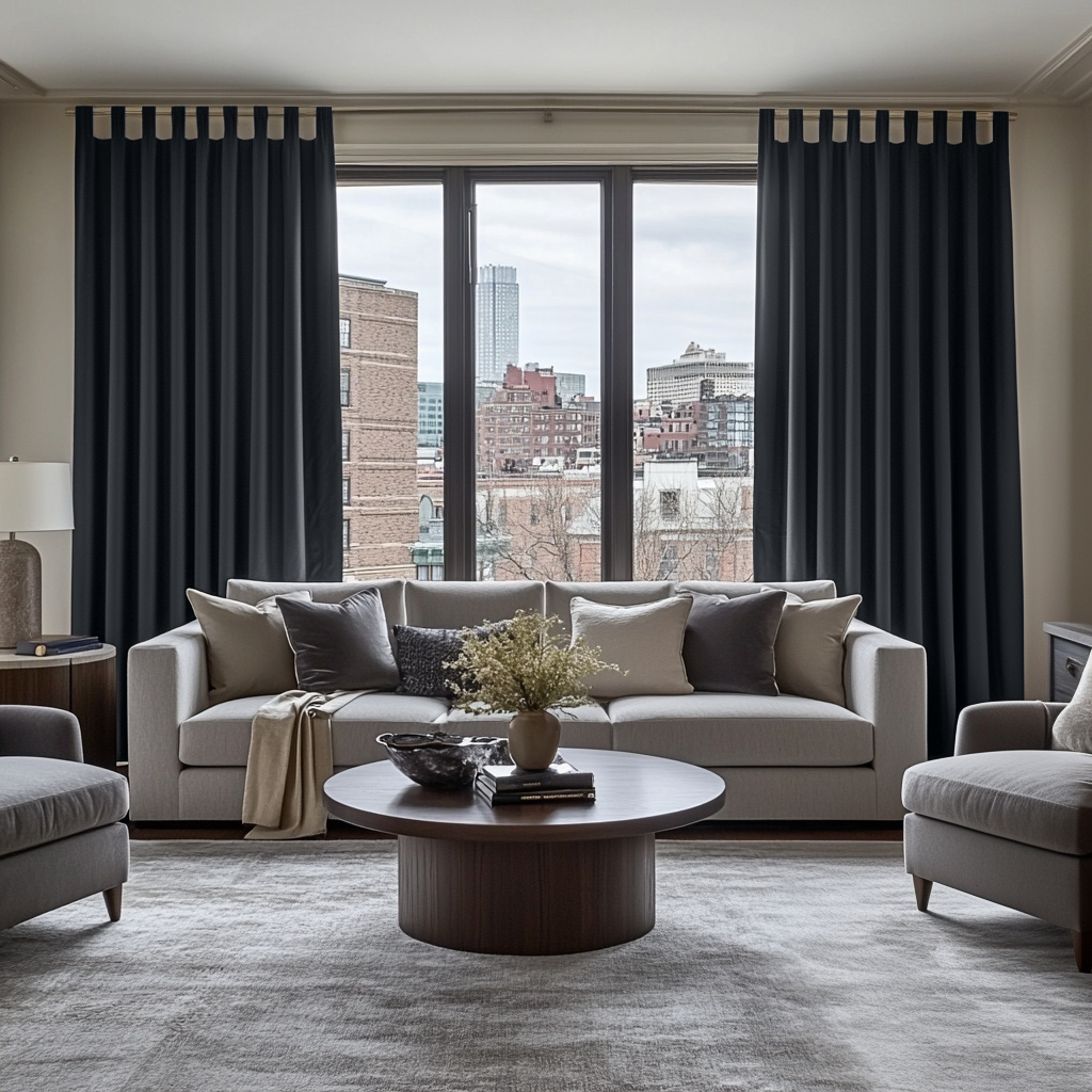 Dark Grey Velvet Tab Top Blackout Curtains in a Living Room with Cream Walls