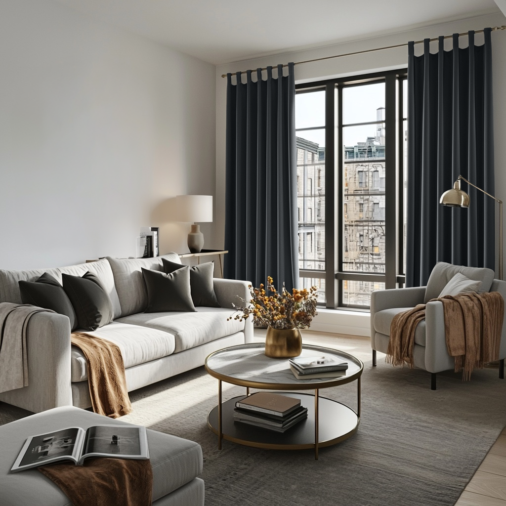 Dark Grey Velvet Tab Top Blackout Curtains in a Living Room with White Walls