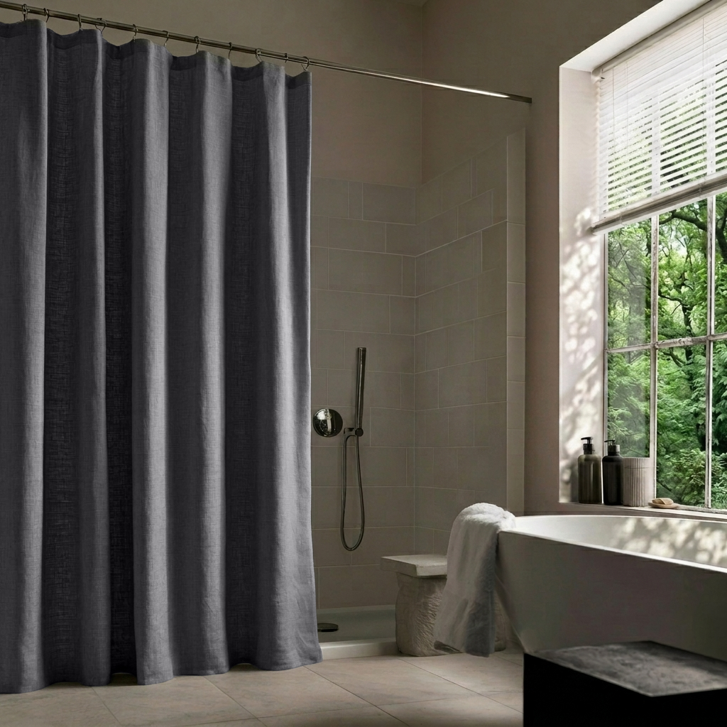 Dim Grey Linen Button-Hole Top Shower Curtain in a Modern Bathroom with Beige Tile Walls