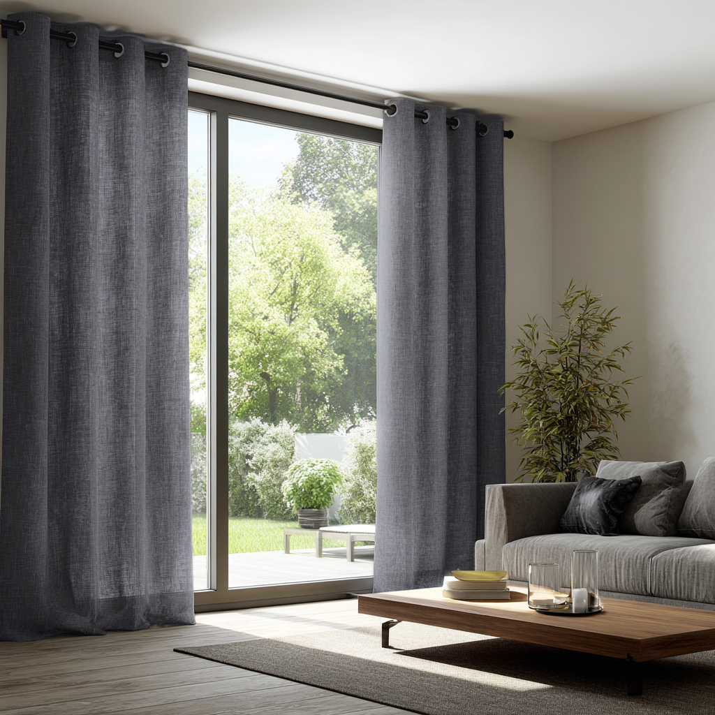 Dim Grey Linen Eyelet Curtains for Sliding Doors in a Living Room with Off-White Walls - Cotton Lining