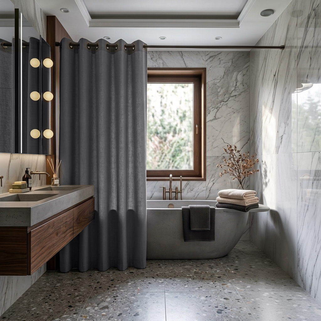Dim Grey Linen Hookless Shower Curtain in a Contemporary Bathroom with White Marble Walls