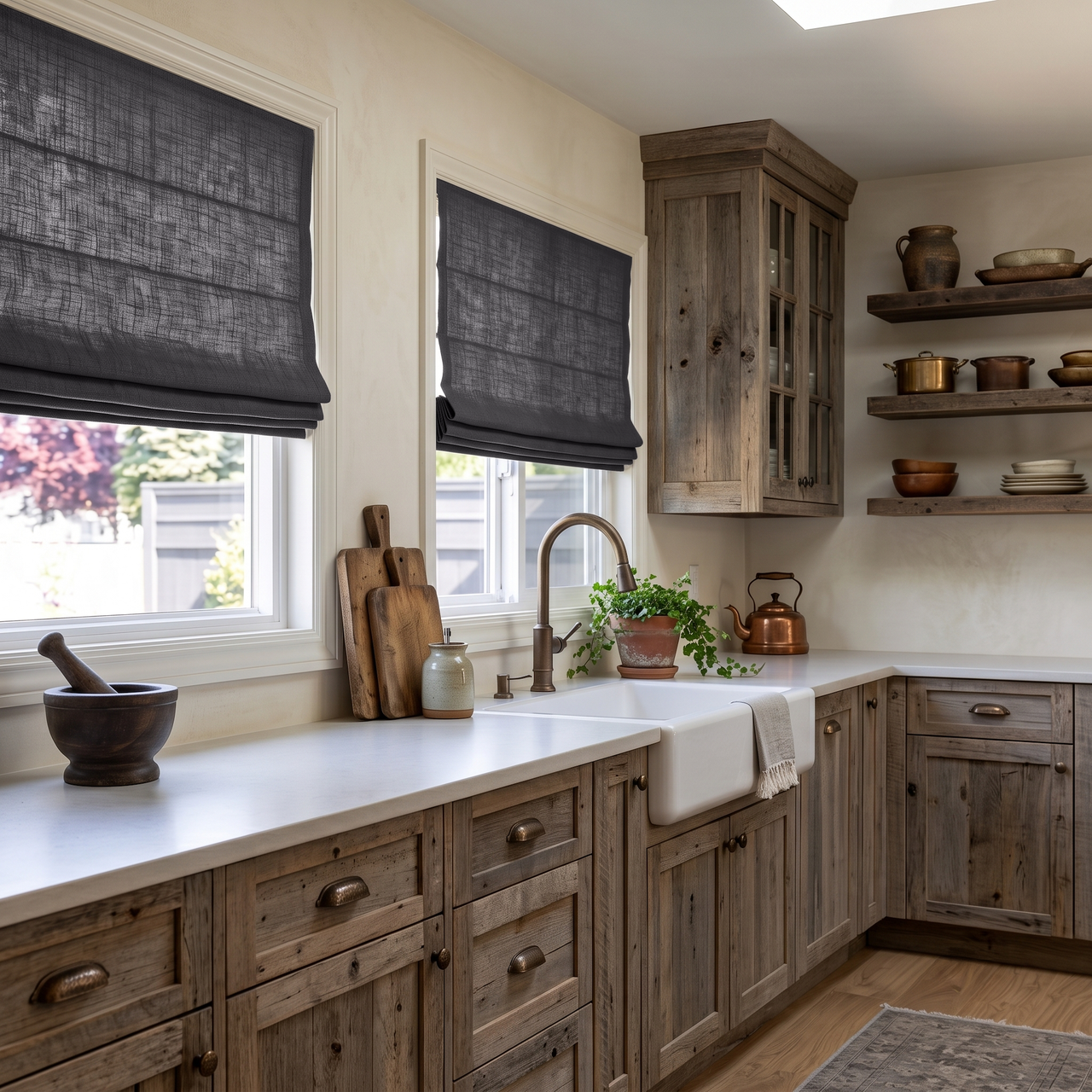 Dim Grey Linen Roman Blinds in a Rustic Kitchen with Natural Wood Cabinetry - Cotton Lining