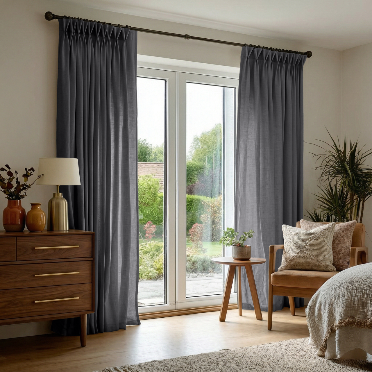 Dim Grey Linen Pinch Pleat Curtains for Sliding Doors in a Bedroom with Cream Walls