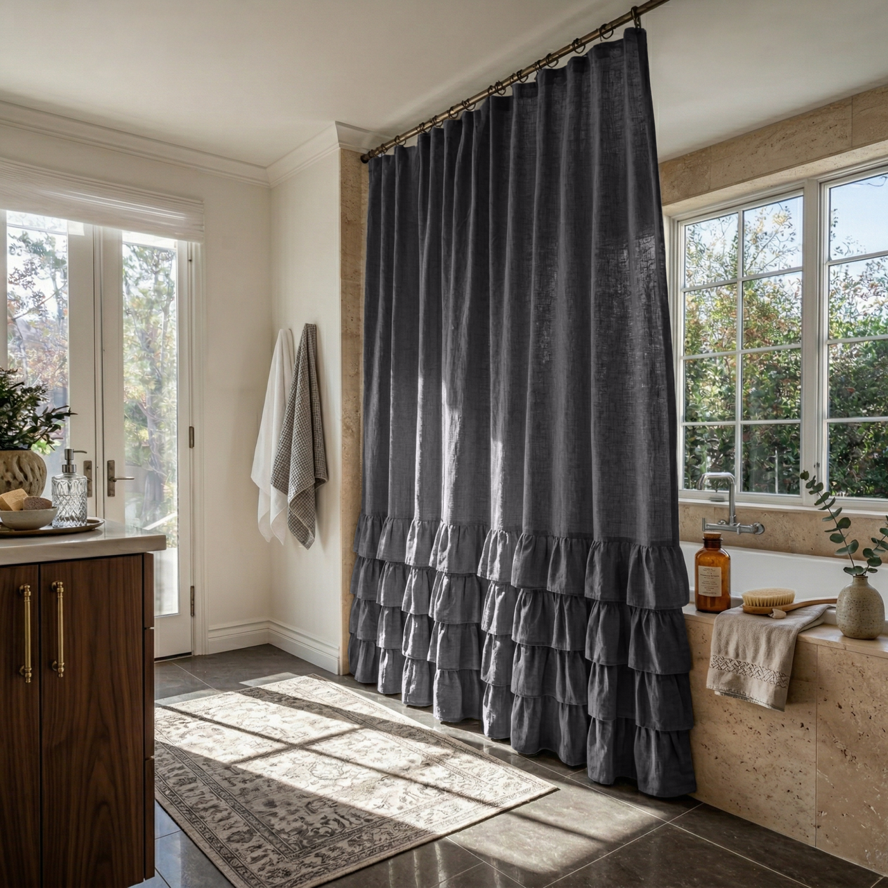 Dim Grey Linen Ruffled Shower Curtain