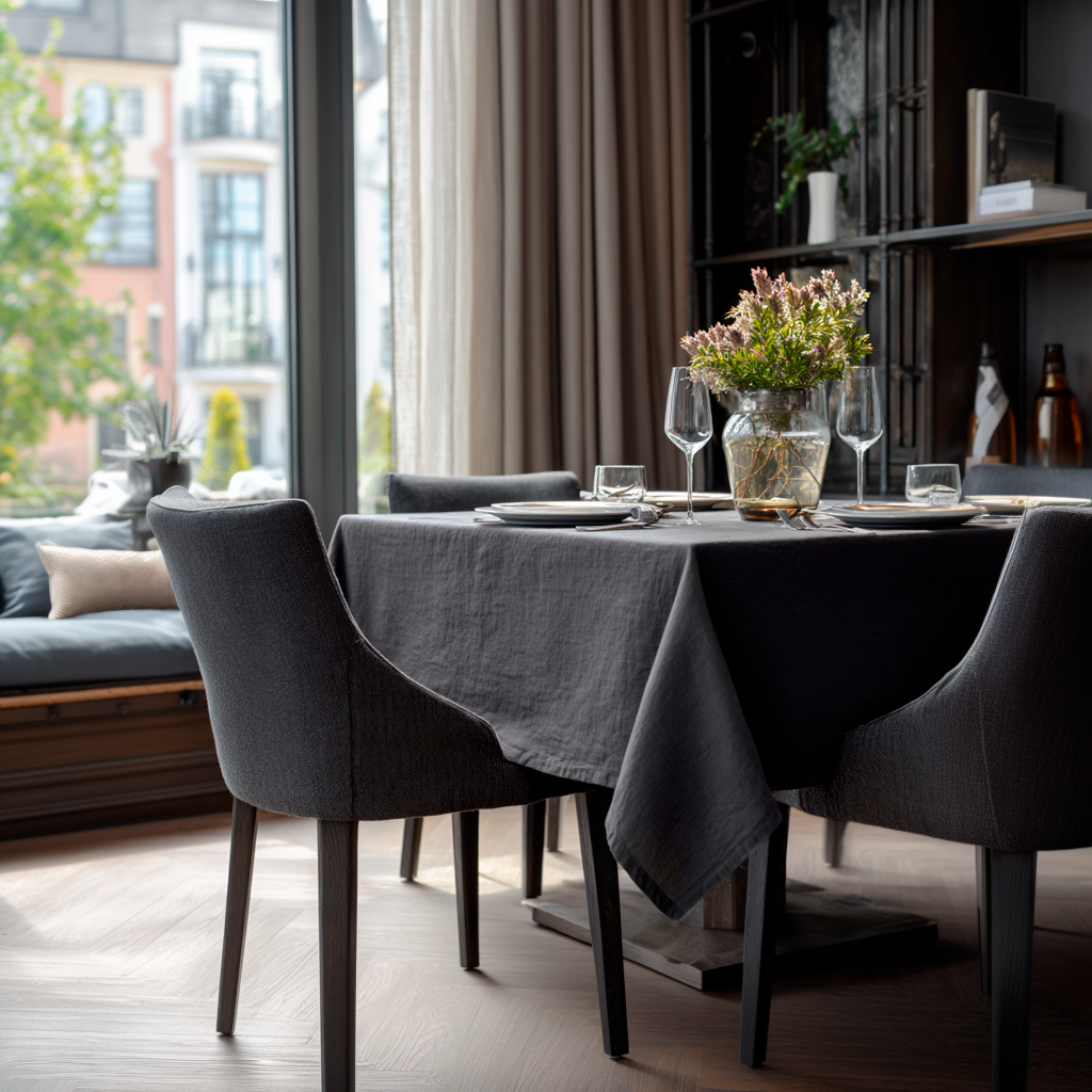 Dim Grey Rectangular Linen Tablecloth in a Modern Dining Room with Dark Built-In Shelving