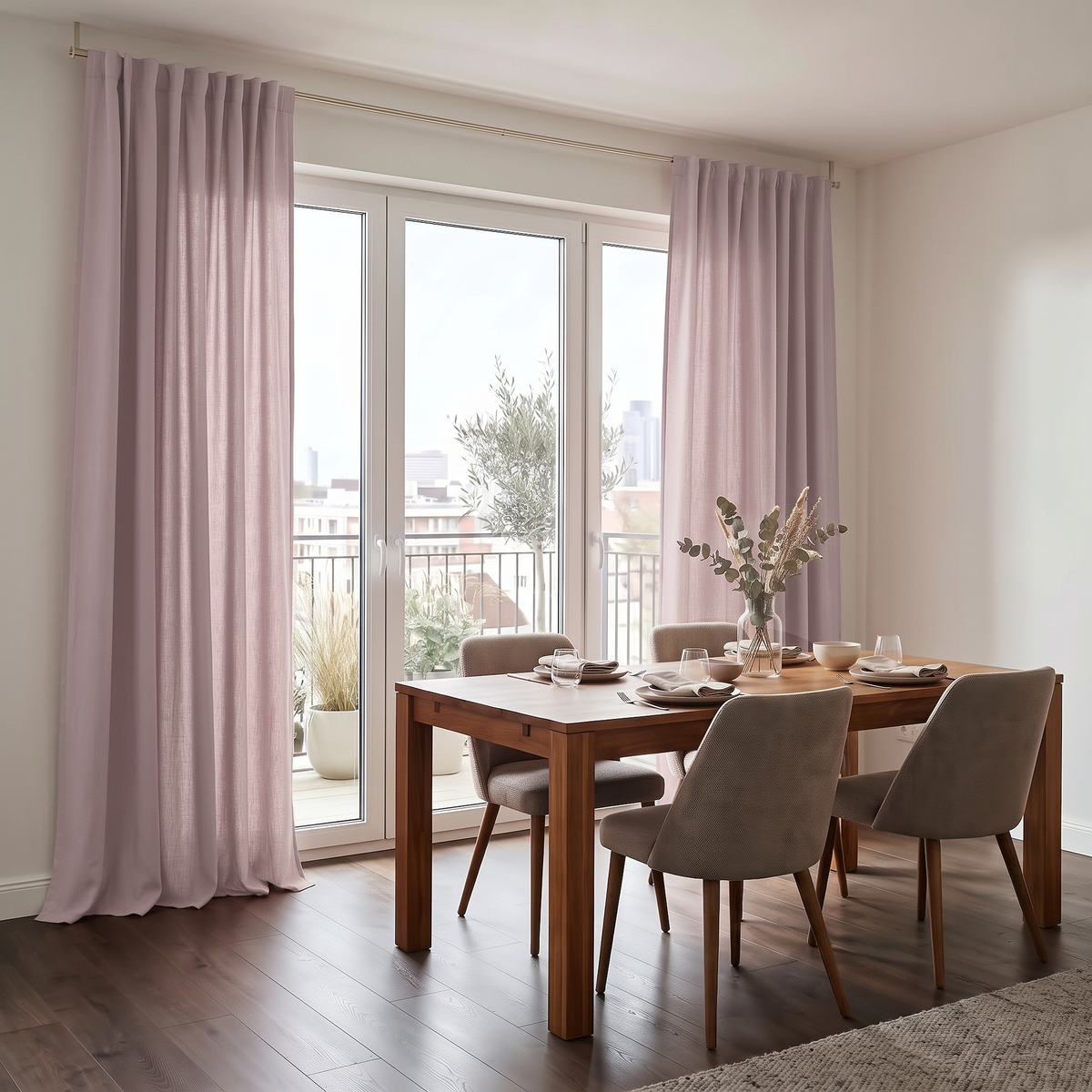 Dusty Pink Linen Back Tabs Dining Room Curtain in a Contemporary Dining Room with White Walls and Dark Wood Flooring Beneath a Wooden Dining Set - Cotton Lining