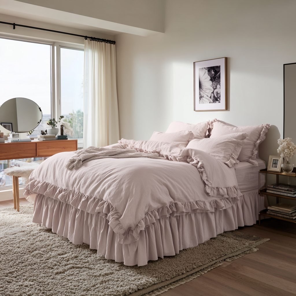 Dusty Pink Linen Bed Skirt with Gathered Ruffles