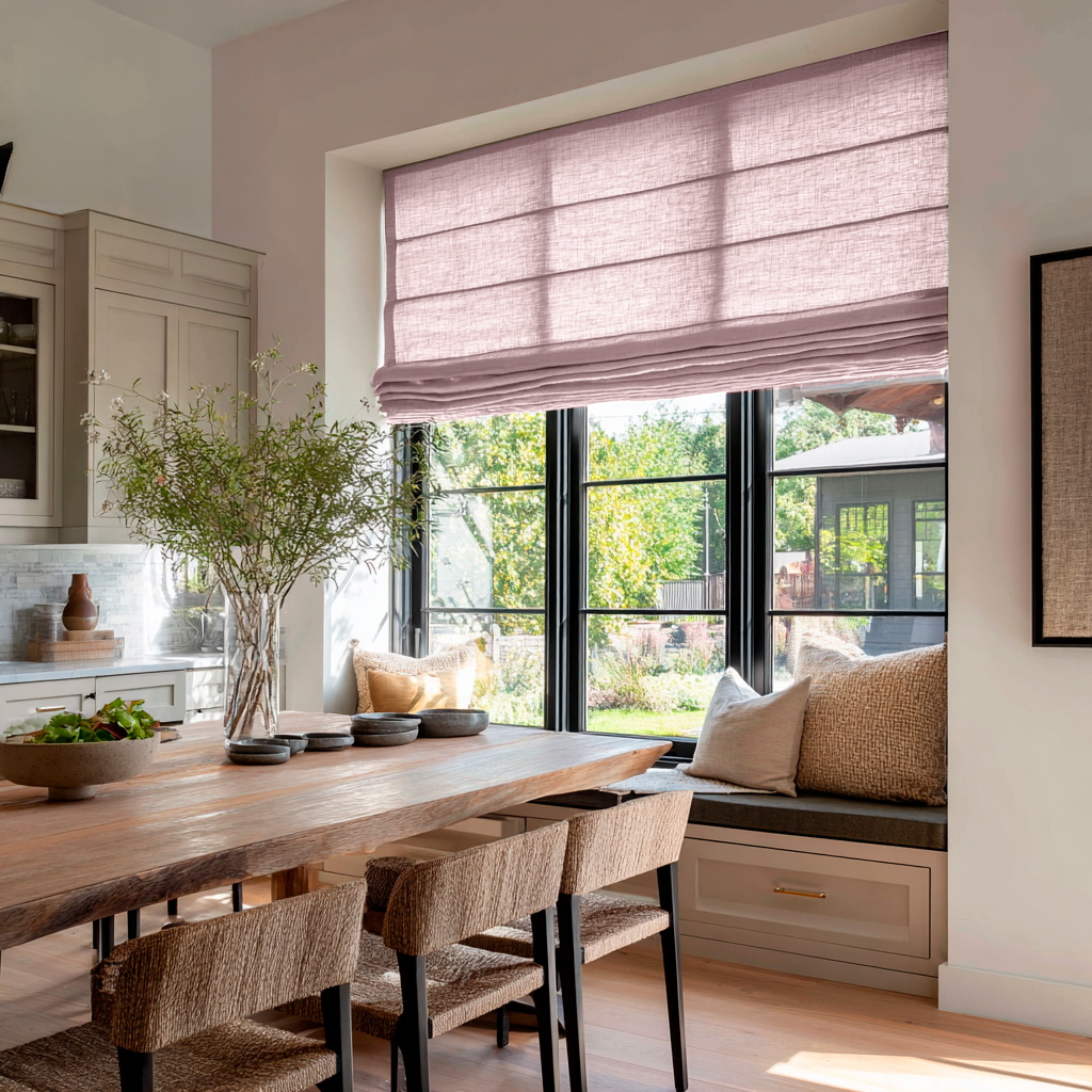 Dusty Pink Linen Roman Blinds in a Contemporary Kitchen with a Light Wood Dining Table - Blackout Lining