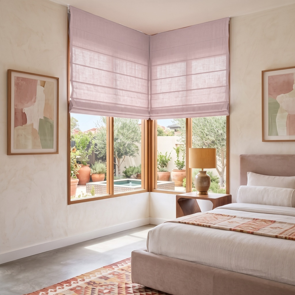 Dusty Pink Roman Blinds in a Modern Bedroom with Cream Walls
