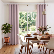 Dusty Pink Linen Eyelets Dining Room Curtain in a Modern Dining Room with White Walls and a Walnut Dining Table Set on Light Oak Flooring -Blackout Lining