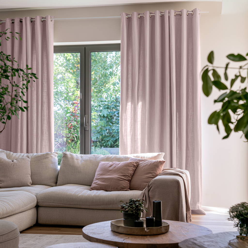 Dusty Pink Linen Eyelets Extra Long Curtains in a Contemporary Living Room with Neutral Sectional Sofa and Indoor Greenery