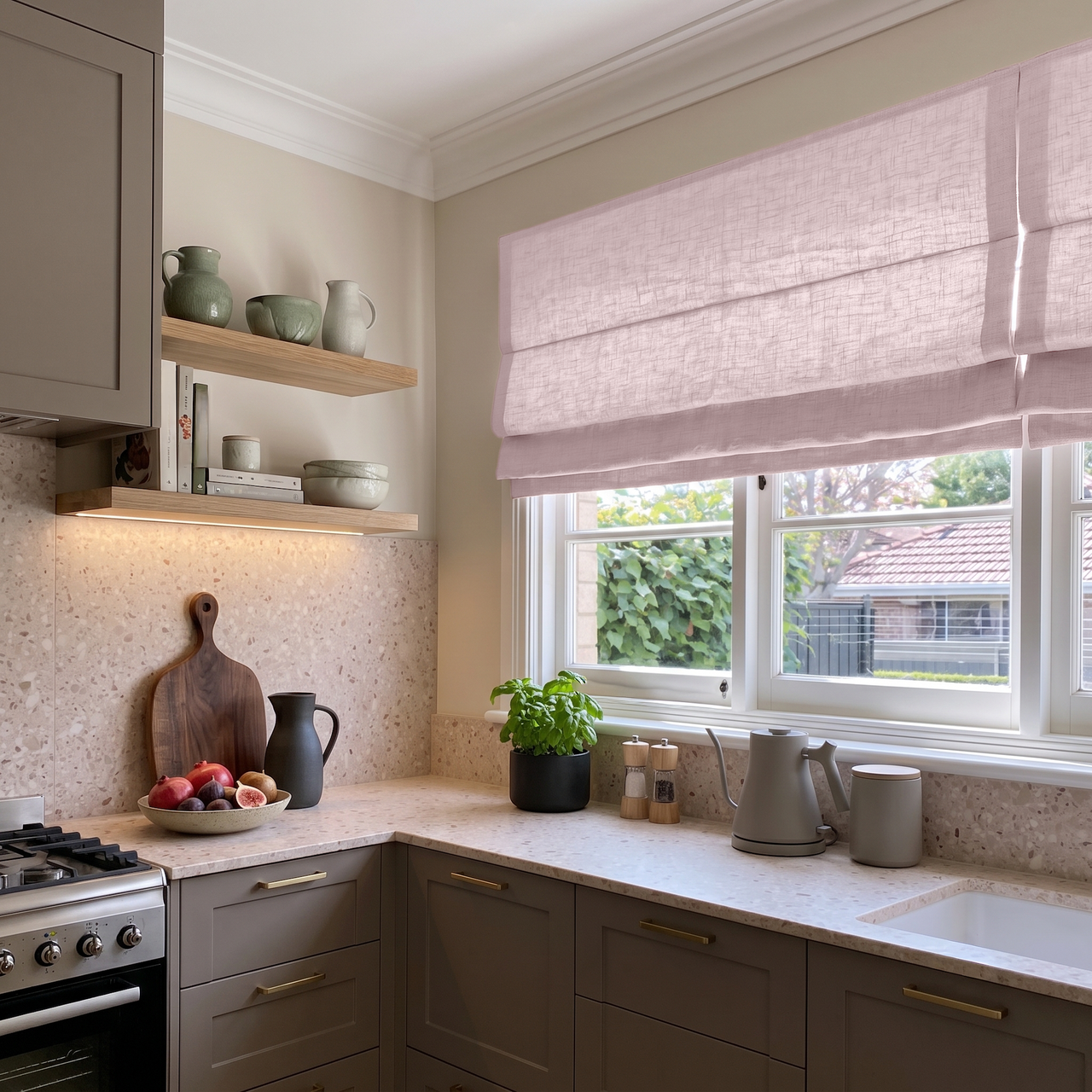 Dusty Pink Linen Roman Blinds in a Modern Kitchen with Taupe Cabinetry - Cotton Lining