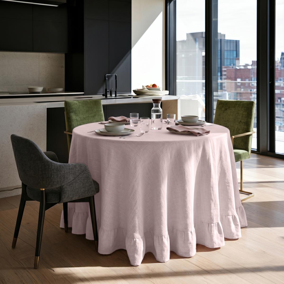Dusty Pink Linen Round Ruffle Tablecloth in a Modern Dining Room with Black Cabinetry